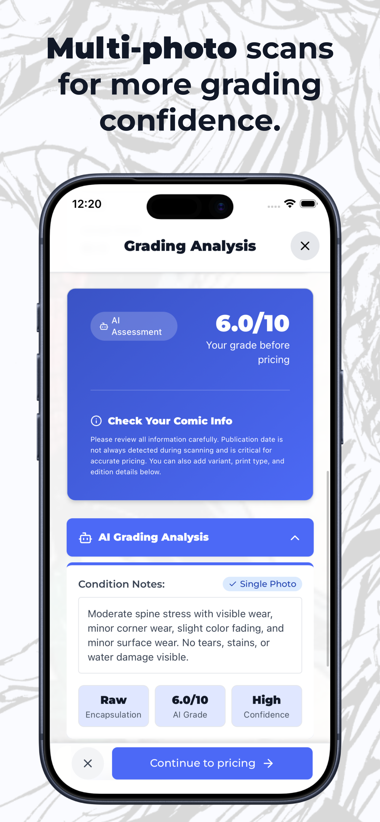 Comic grading app results screen with AI condition insights