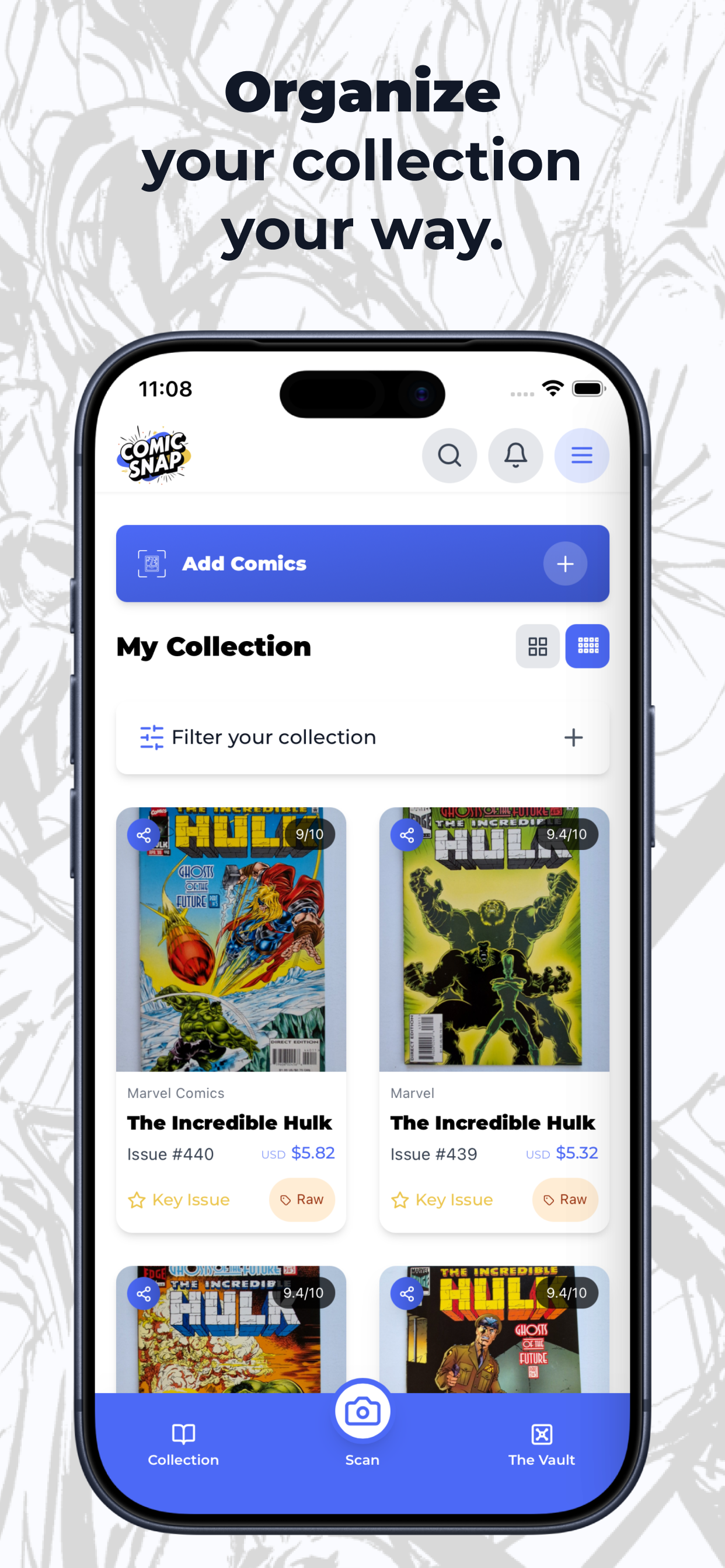 Comic book price guide app showing market-aware values