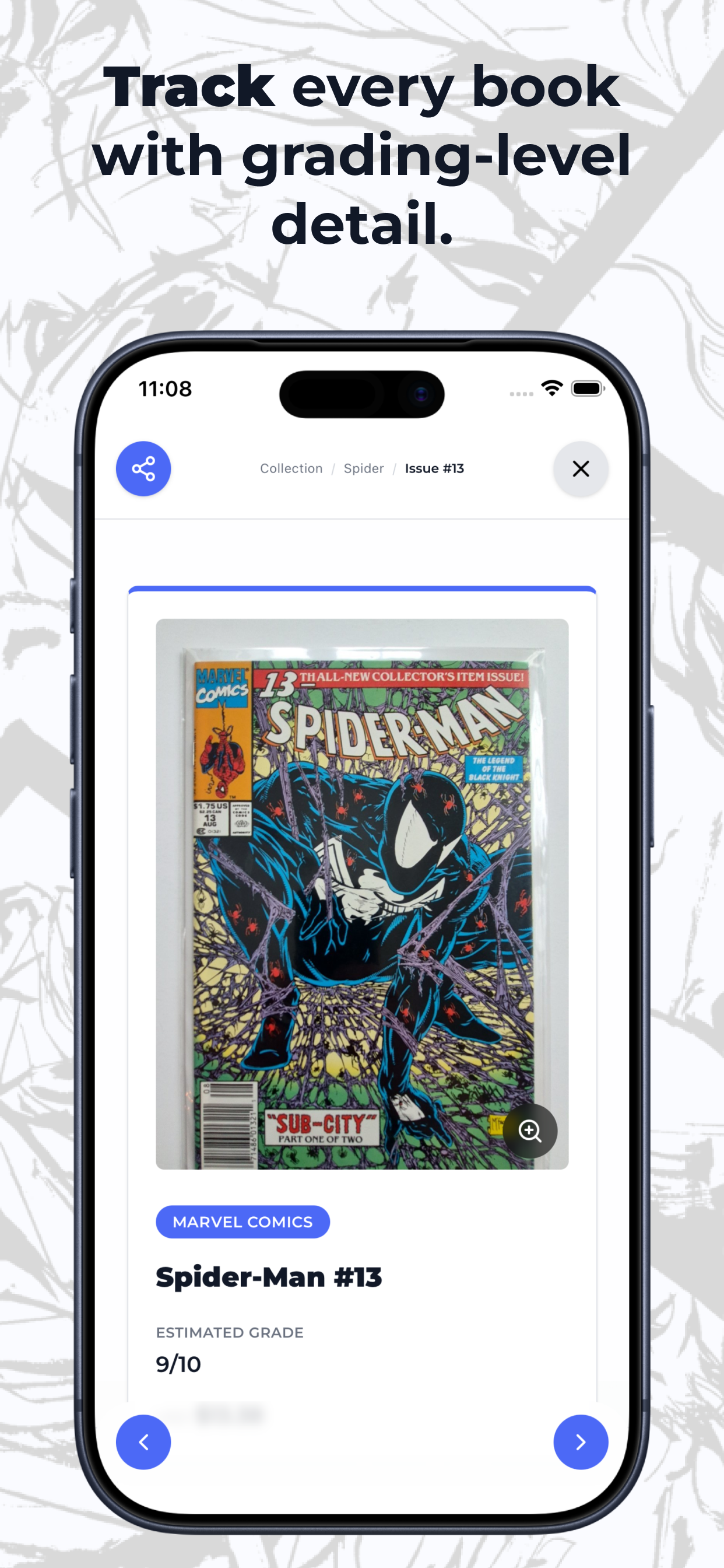 Comic book database app view for issue details and organization
