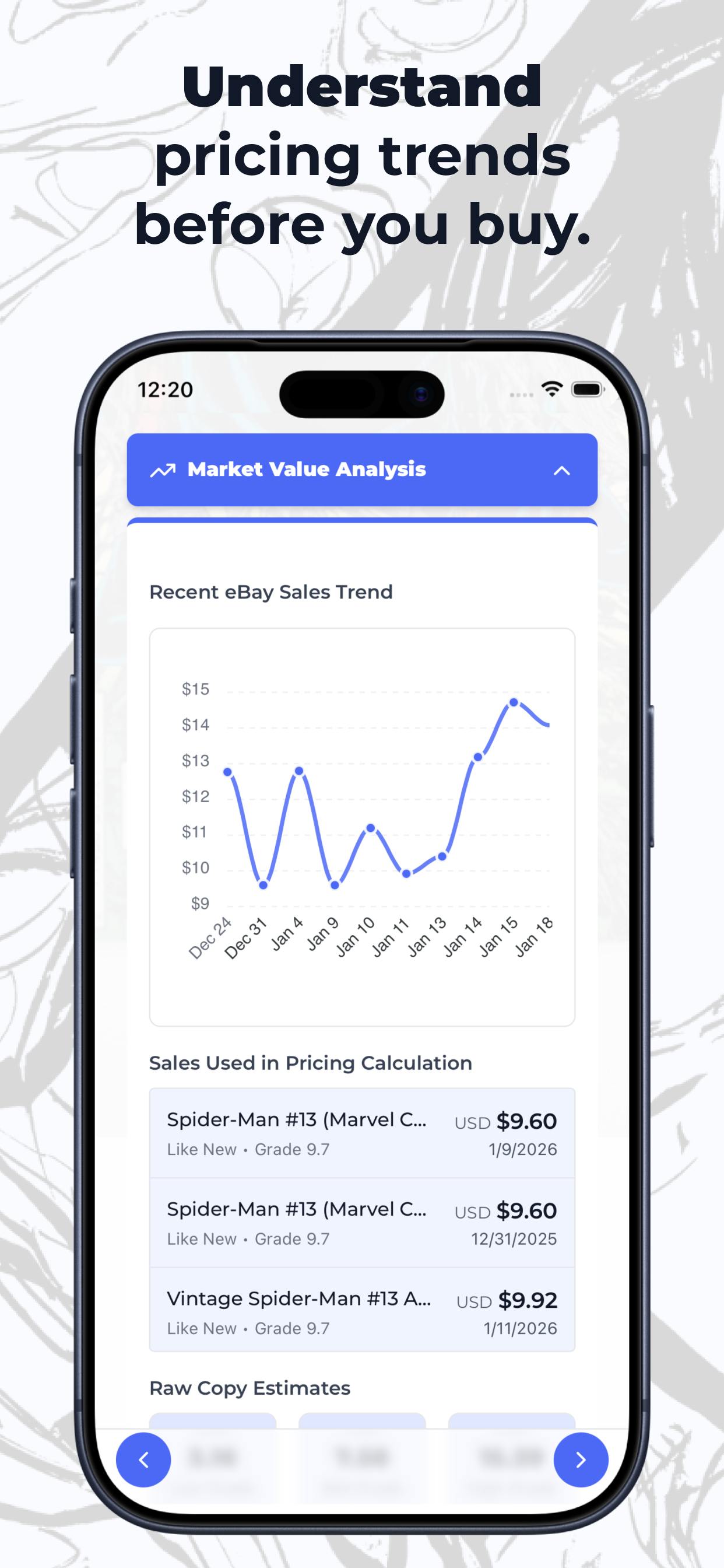 Track comic collection value dashboard on iPhone